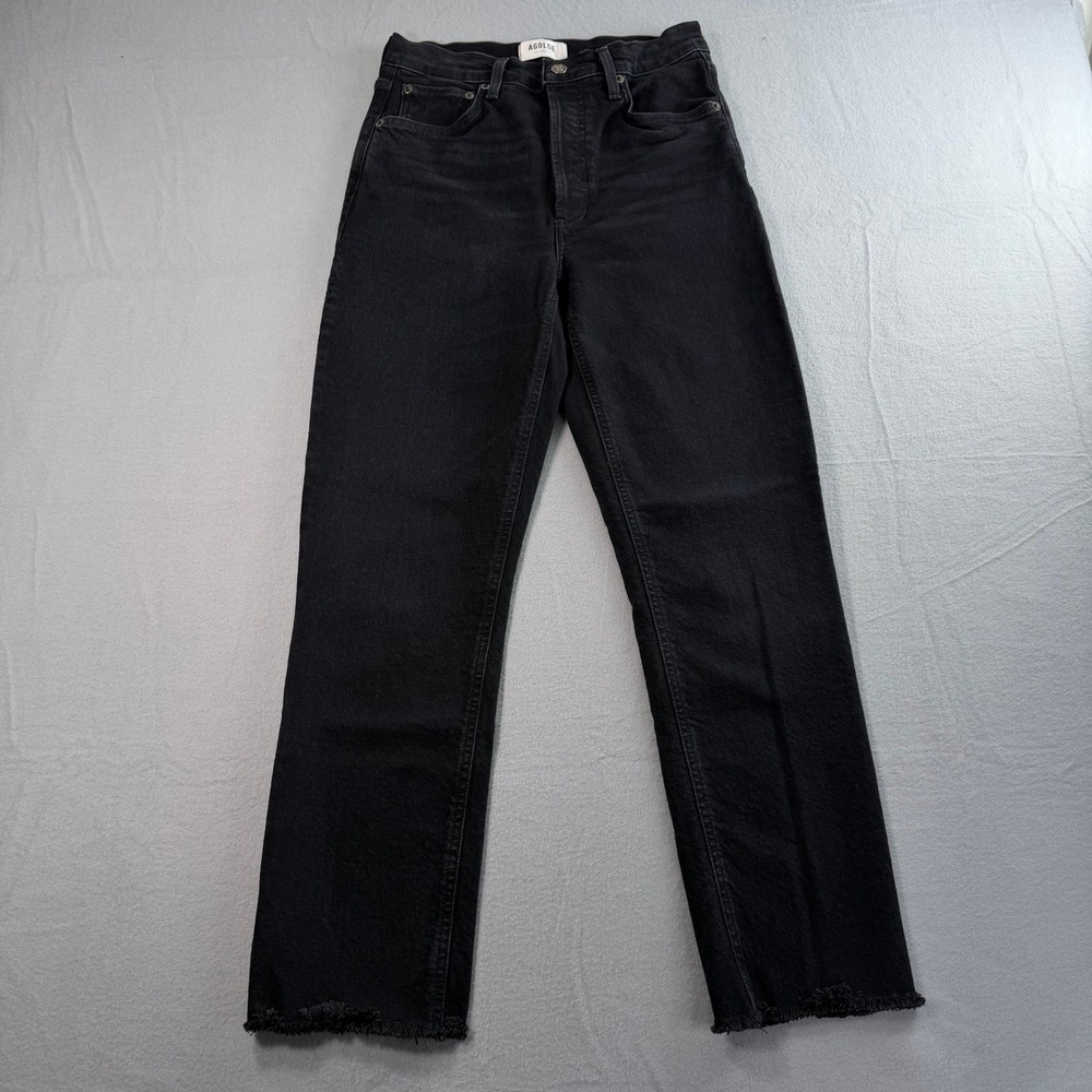 AGOLDE Riley Long Jeans Womens 25 Black High Rise Straight Raw Hem Minimal Chic - Picture 2 of 10